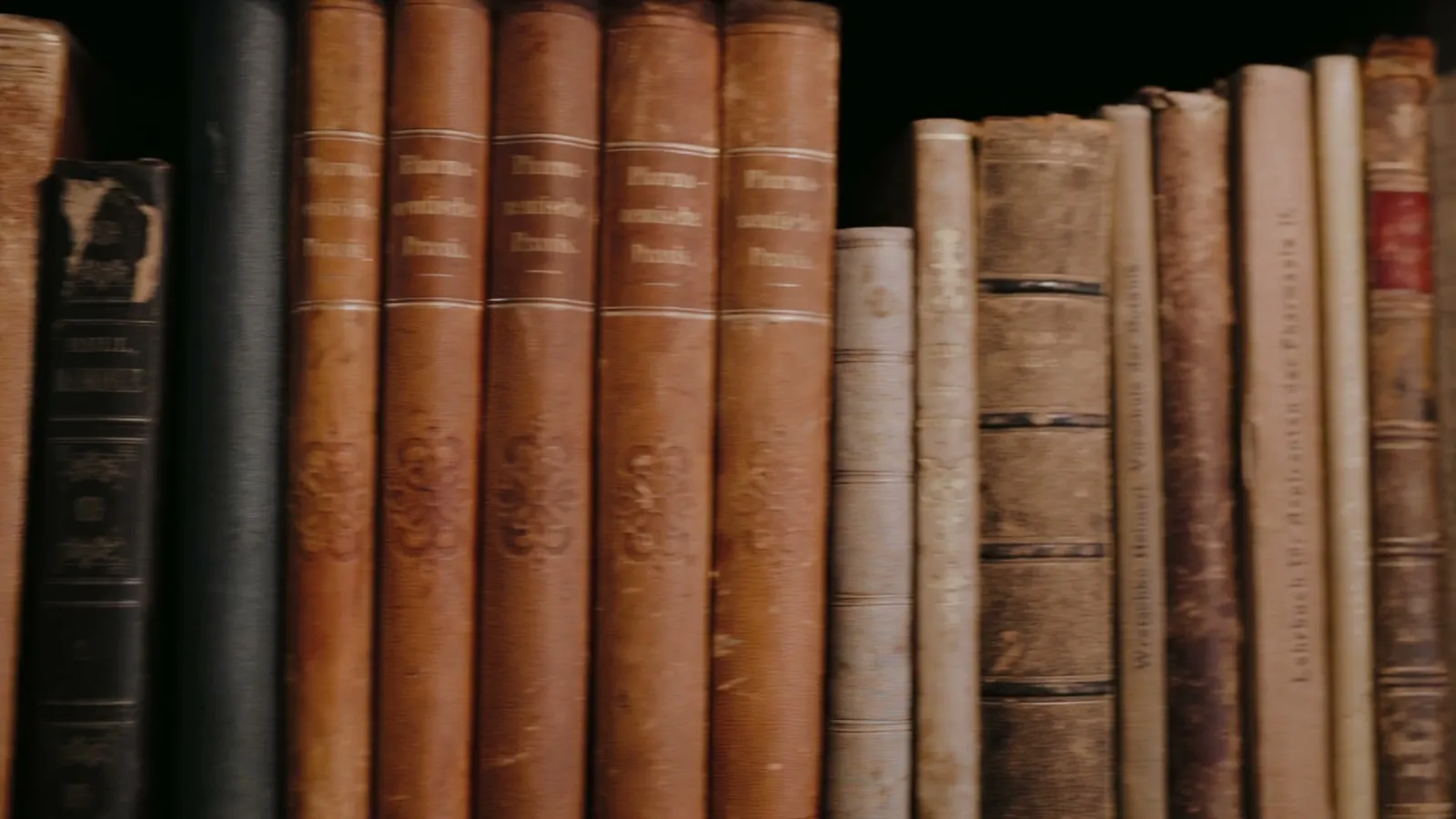 Historische, ledergebundene Bücher im Regal der Hessenplatz-Apotheke